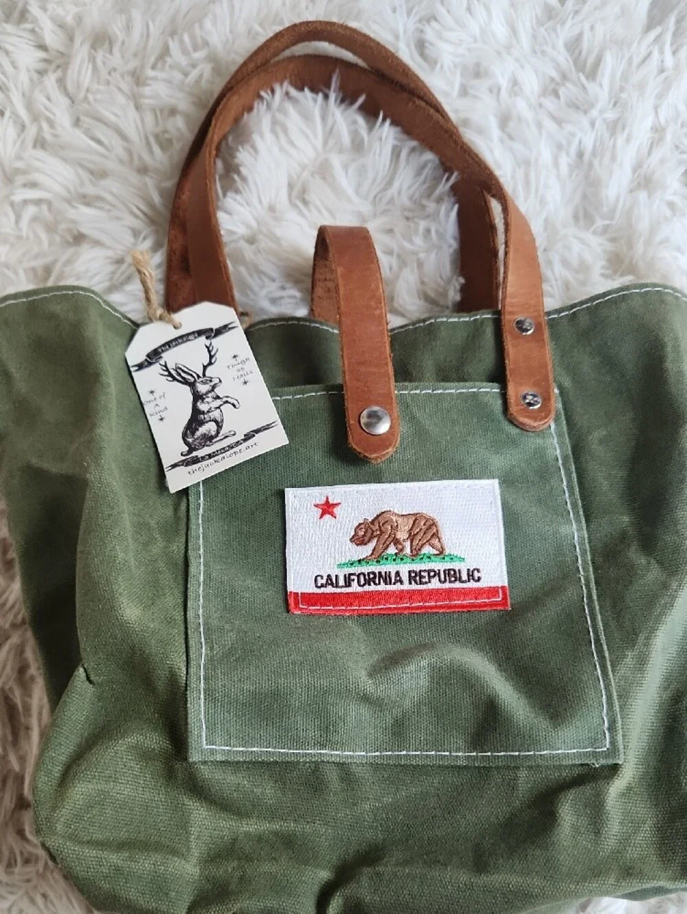 Canvas Tote Bag with Leather Handles - Olive Green